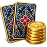 Baccarat icon: two cards beside a stack of gold coins