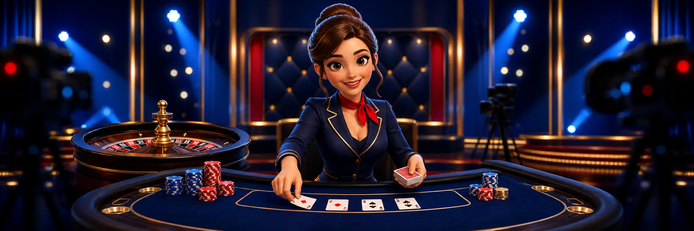 22Bet live casino studio with a dealer, roulette wheel and card tables